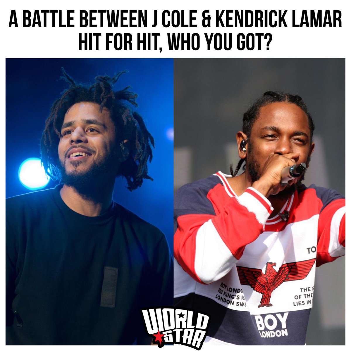WORLDSTAR's tweet photo. Who you got?👇🎵🙌 @JColeNC @kendricklamar https://t.co/Z0nrtMZHV3