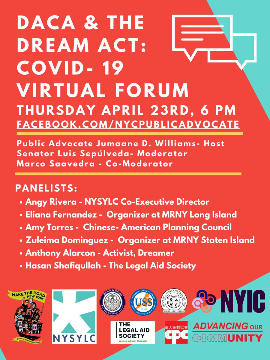 nycpa's tweet photo. Now, more than ever, we need to #StandWithDreamers. Public Advocate Williams will join @SenSepulveda and @marcoprefersnot to discuss the DREAM Act. Watch live here today at 6 PM: https://t.co/w2H9MEs7uP https://t.co/KM1qdGRT5S