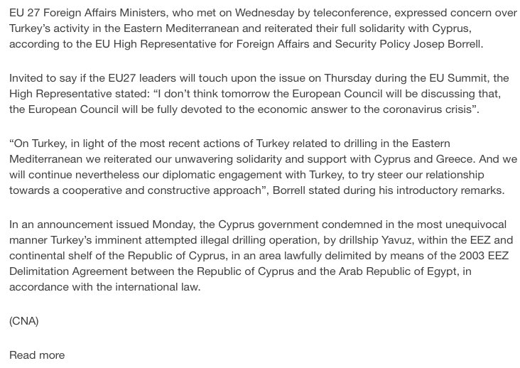 EU 27 Foreign Affairs Ministers, who met on Wednesday by teleconference, expressed concern over Turkey’s activity in the Eastern Mediterranean and reiterated their full solidarity with Cyprus, according to the EU High Representative for Foreign  https://in-cyprus.philenews.com/eu-fms-concern-over-turkeys-activity-in-east-med/  #eastmed