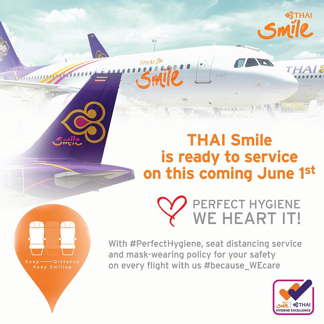 THAISmileIndia's tweet photo. 🛫THAI Smile is ready to service on this coming June 1 for domestic routes.
 
With #PerfectHygiene, seat distancing service and mask-wearing policy for your safety on every flight with us 
#because_WEcare 🧡
 
#SeeWESoon
#PerfectHygiene
#WEheartHygiene
#HygieneExcellence https://t.co/6mj43AMEDr
