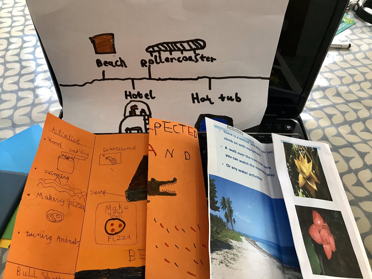 We have been making brochures about our imaginary island. Joe appears to have created Costa Rica, Jamie Australia and Annabelle an underwater hotel.... we better get saving!! @BnvilleVillage #Y5BVPS #Y3BVPS #Y1BVPS