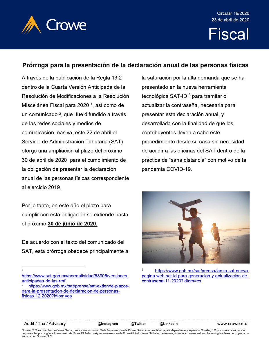 CroweFiscalMx's tweet photo. Consulta la circular respecto a la prórroga otorgada por el SAT para la presentación de la declaración anual de las personas físicas. #WeAreCrowe #CroweMéxico #abril2020 https://t.co/mBhzs3ABNZ