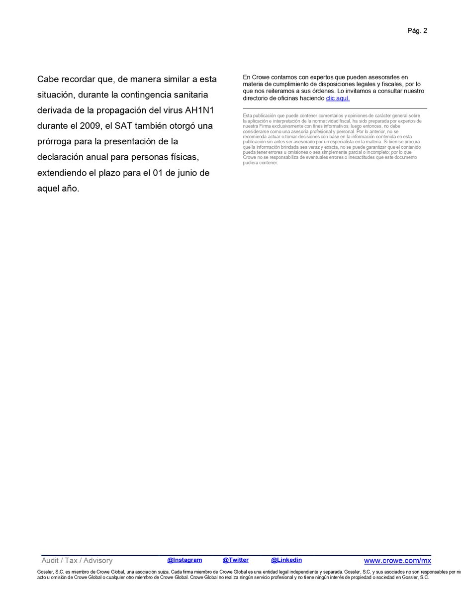 CroweFiscalMx's tweet photo. Consulta la circular respecto a la prórroga otorgada por el SAT para la presentación de la declaración anual de las personas físicas. #WeAreCrowe #CroweMéxico #abril2020 https://t.co/mBhzs3ABNZ