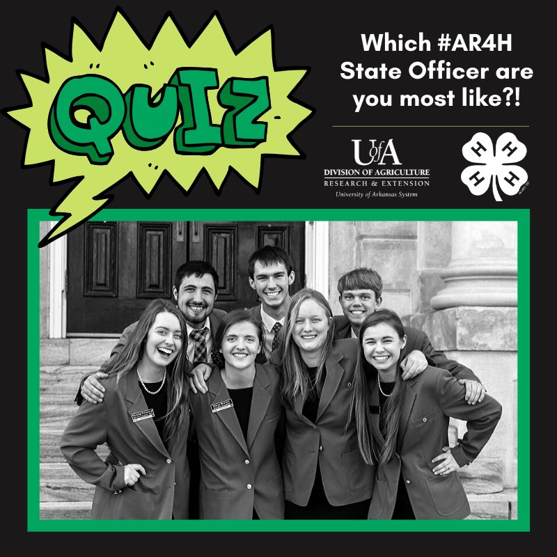 Arkansas4H's tweet photo. Have you ever wondered which 2019-2020 #AR4H State Officer youโre most like?! Well weโve got the answer for you! Will you be most like Brent & his love for all things outdoors, more like Noralee & her love of music, or even like Eva & her love for animals! ๐๐ #AR4HStateOfficers https://t.co/ttTlXCLMRM