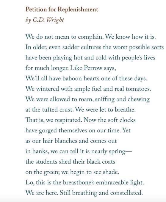 #nationalpoetrymonth
poem for April 23rd
"Petition for Replenishment" by C. D. Wright