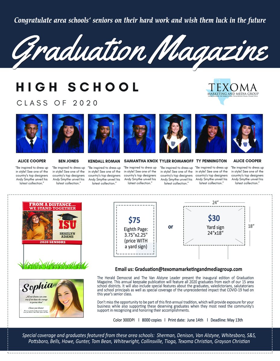 Seniors,

Please take the survey below to be a part of something special being put together by the Texoma Marketing and Media Group to help you celebrate your senior year.  Your parents have all of the information as well.  The survey link is:

bit.ly/3cEVrEV