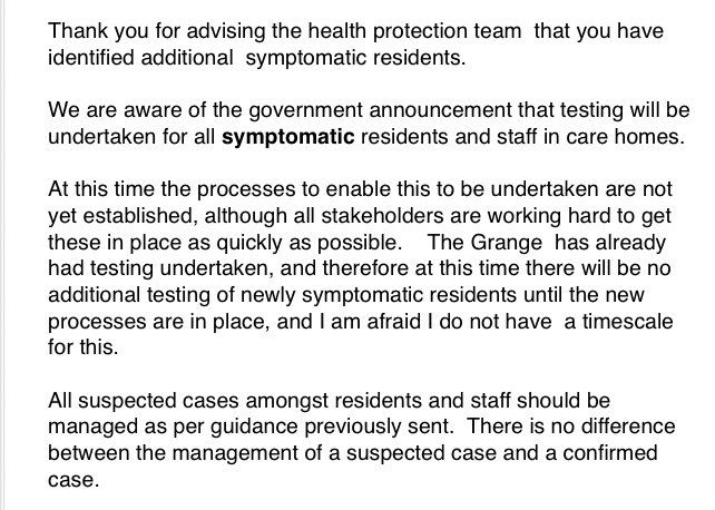 A care home I’ve been in regular contact with has had their first  #covid19 death. That patient was tested. But the home’s management tell me they’ve been informed by PHE there will be no further tests for residents and staff as “processes to enable this are not yet established”