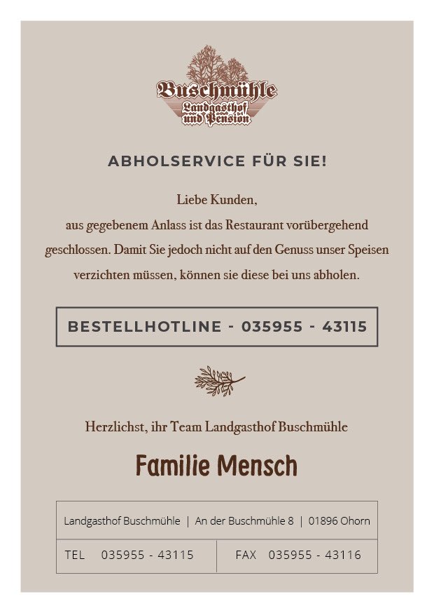 Buschmuehle's tweet photo. Ab Freitag bieten wir Gerichte auch außer Haus zum abholen an. #landgasthof #buschmuehle #ohorn #fckcorona https://t.co/rQ7zcIcSj3