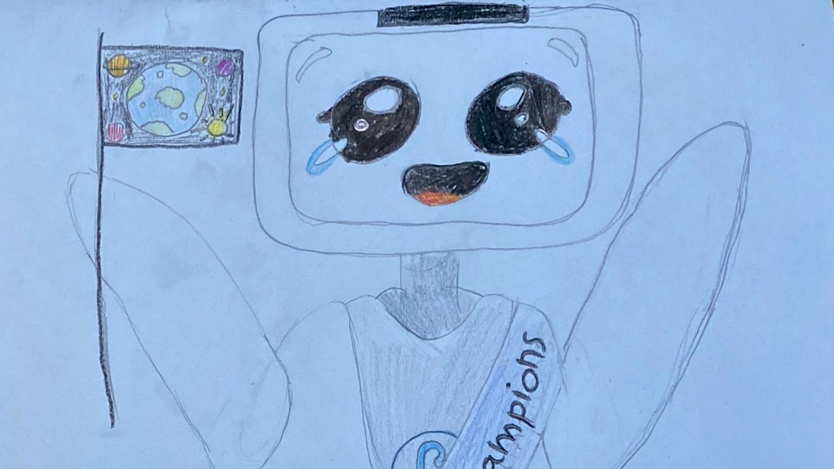 adoptbuddy's tweet photo. #Coronavirus from the eyes of kids. 
Agival, continues to fight #COVID19 with Art by drawing Buddy and the World winning🤖🏆 the battle against pandemic. Her message of hope is what we all need right now. 
Share your artworks with #BuddyFightsCOVID19
#Robot #Robotics #StayAtHome https://t.co/E3NbCiUchJ