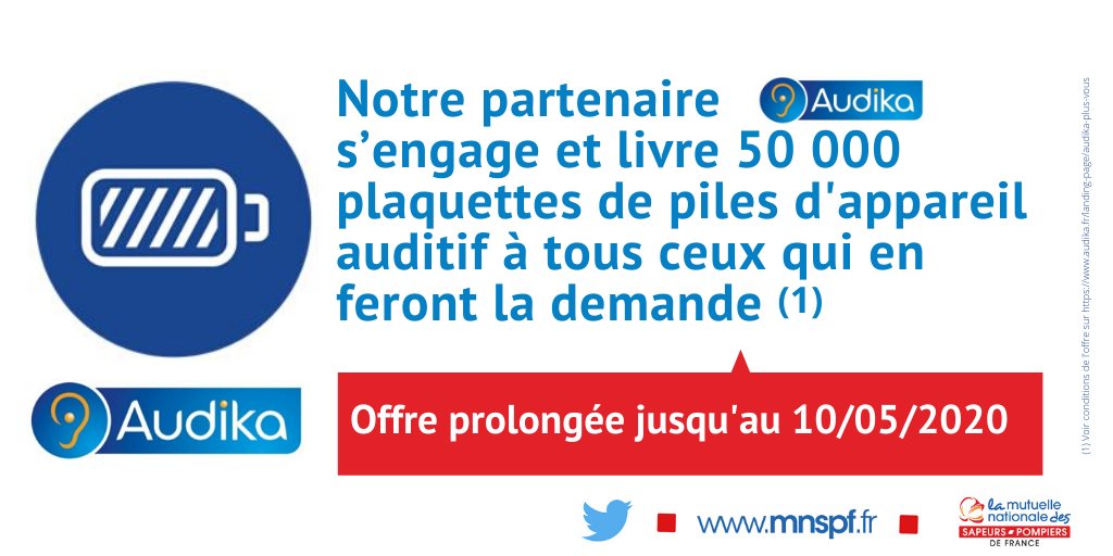 [NOTRE PARTENAIRE] <a href="/audika_france/">Audika France</a> prolonge son offre jusqu'au 10 mai inclus ! Envoi gratuit de plaquettes de piles à domicile pour aider les malentendants en #confinement et leur permettre de continuer à bien entendre👂 audika.fr/landing-page/a… ou en téléphonant au 02 57 28 00 94