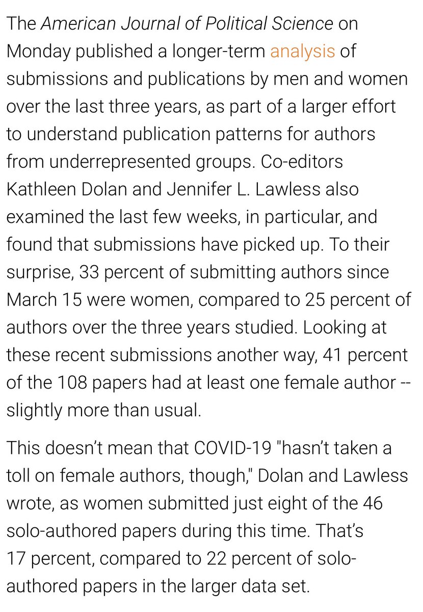 The only quantitative analysis included in the piece actually shows the opposite of what is being claimed by the title: women’s submissions on the whole are actually up, with only sole-author submissions showing a few percentage point decrease. 4/