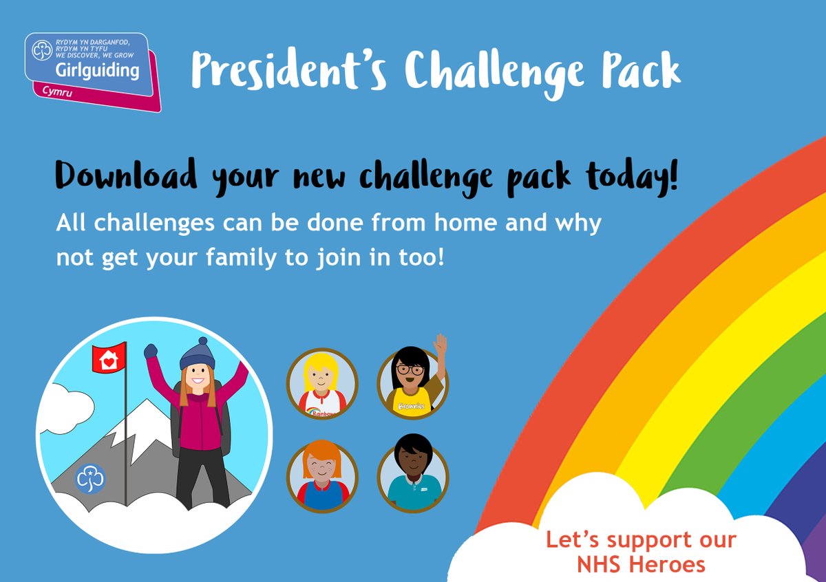GuidingCymru's tweet photo. It’s here, it’s the new President’s Challenge pack!  @torijtweets : "Have fun, stay at home and remember it’s #Uniform4Uniforms tonight at 8pm when we clap our key workers." 🌈

⭐️ Download your pack here: https://t.co/lSorDrTi7j https://t.co/xHt79KCq0N