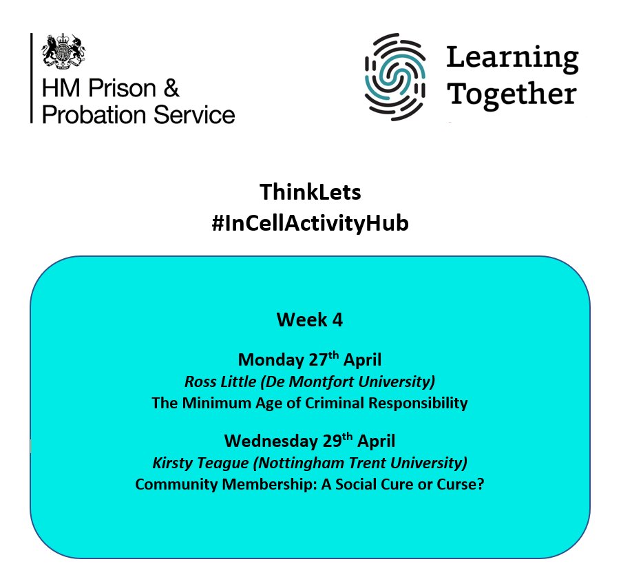 CamCriminology's tweet photo. Learning Together @JustisTogether
*TEASER*
We're approaching Week 4 already!
Next week, we'll have #ThinkLets from Ross Little @dmuleicester & Kirsty Teague @TrentUni, looking at the age of 'Criminal Responsibility' & 'Community Membership'. #LearningTogether #InCellActivityHub https://t.co/OwnAebcZ31