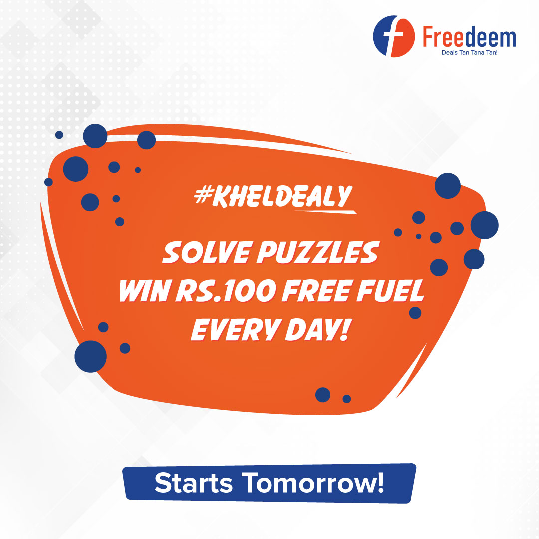 freedeem's tweet photo. Freedeem brings to you a big challenges and a worthy reward for completing them. Participate in the #KhelDealy puzzle and win free fuel worth Rs.100, every day! Click on below link to know the rules-
https://t.co/HNPLI9p9BM
#FreedeemApp #DealsApp #App https://t.co/F00IK0V4C2
