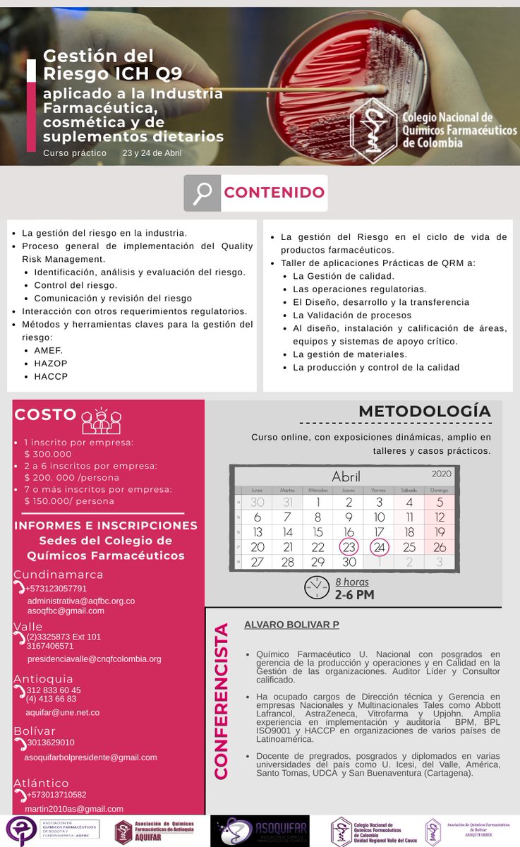 Hoy damos inicio al curso virtual de La Gestión del Riesgo ICH Q9 aplicado a la industria farmacéutica, cosmética y de suplementos dietarios, solicite la inscripción al correo asoqfbc@gmail.com o al cel. 312 305 7791
