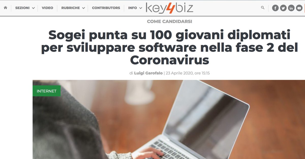 Key4biz's tweet photo. #Sogei punta su 100 giovani diplomati per sviluppare software nella fase 2 del #Coronavirus.
Diploma richiesto e il link per candidarsi: https://t.co/PLDvoW7HcW

#lavoro #cercolavoro #digitale #IT #PaDigitale #Covid19 https://t.co/4XbmJJhJYN