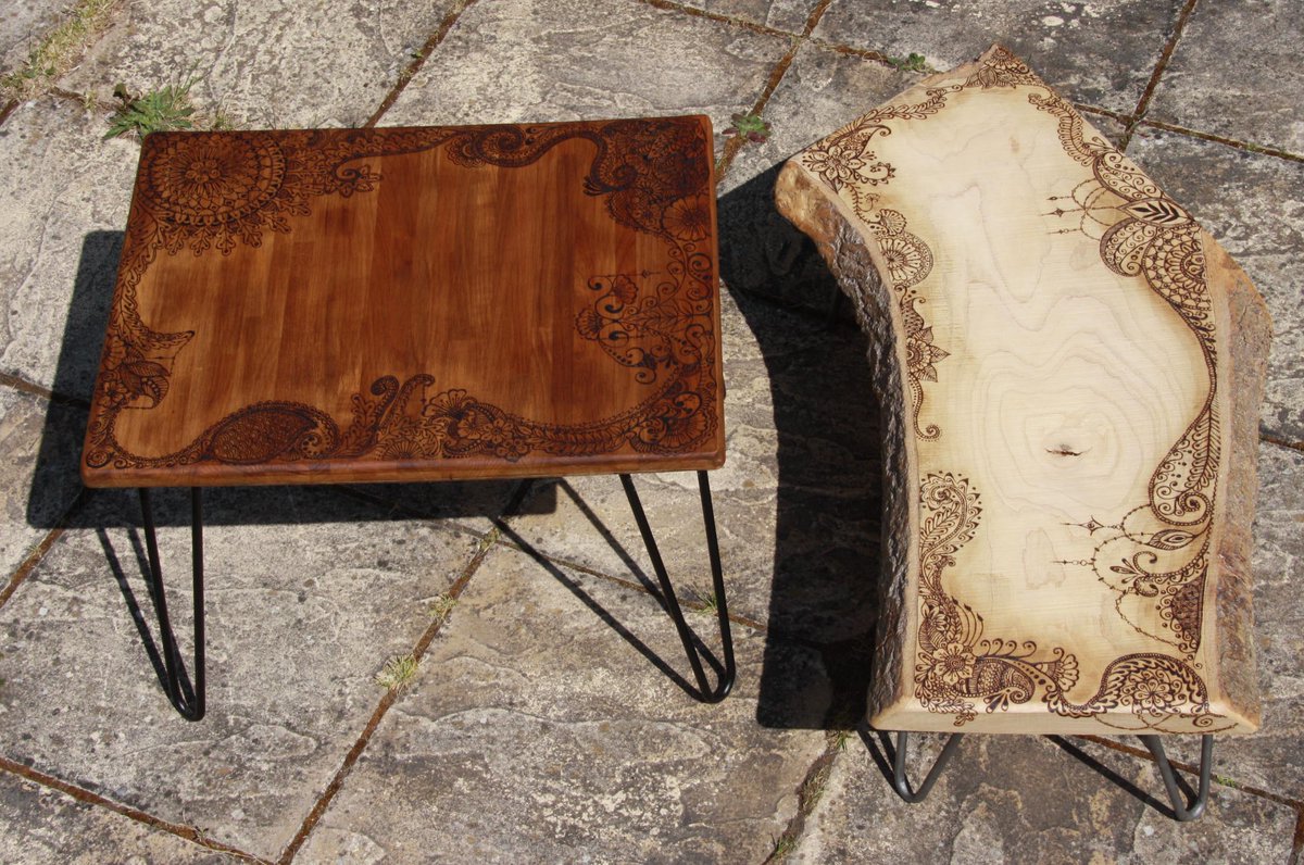 PyromaniArt's tweet photo. Today I've been working on a couple of commissions. - But have also finished both #Henna #Tattoo style #CoffeeTables #Pyrography - https://t.co/pB14YoRTlH
