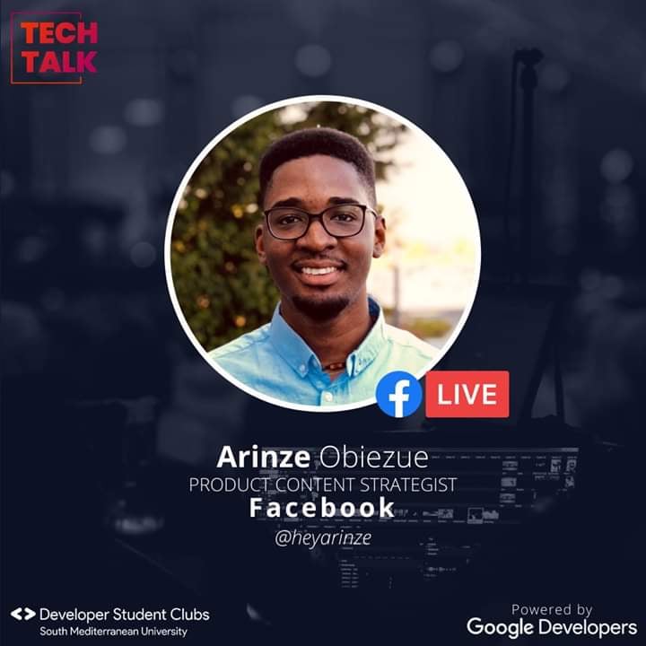 dsc_smu's tweet photo. We will be live on Facebook today at 3:30 PM with @heyarinze, the Product Content Strategist at @Facebook.
Don't miss the opportunity to be with us!
#TechTalk #DSCSMU #MENADD #DeveloperStudentClubs https://t.co/wPO8HxP9rk