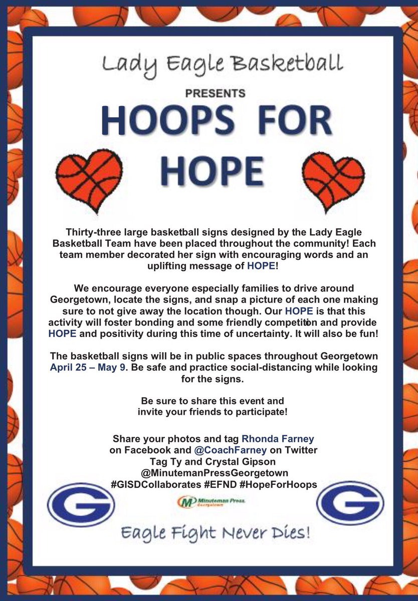 CoachFarney's tweet photo. HOOPS FOR HOPE. Look for all 33 signs donated by Ty &amp; Crystal Gipson @MinutemanPressGeorgetown &amp; decorated with💙by your Lady Eagles. Signs are POSITIVE &amp; hidden at churches, schools, gov &amp; local businesses, etc. Collect all by posting pics #GISDCollaborates #EFND💙 #HoopsForHope https://t.co/UGZdDWD8Bc