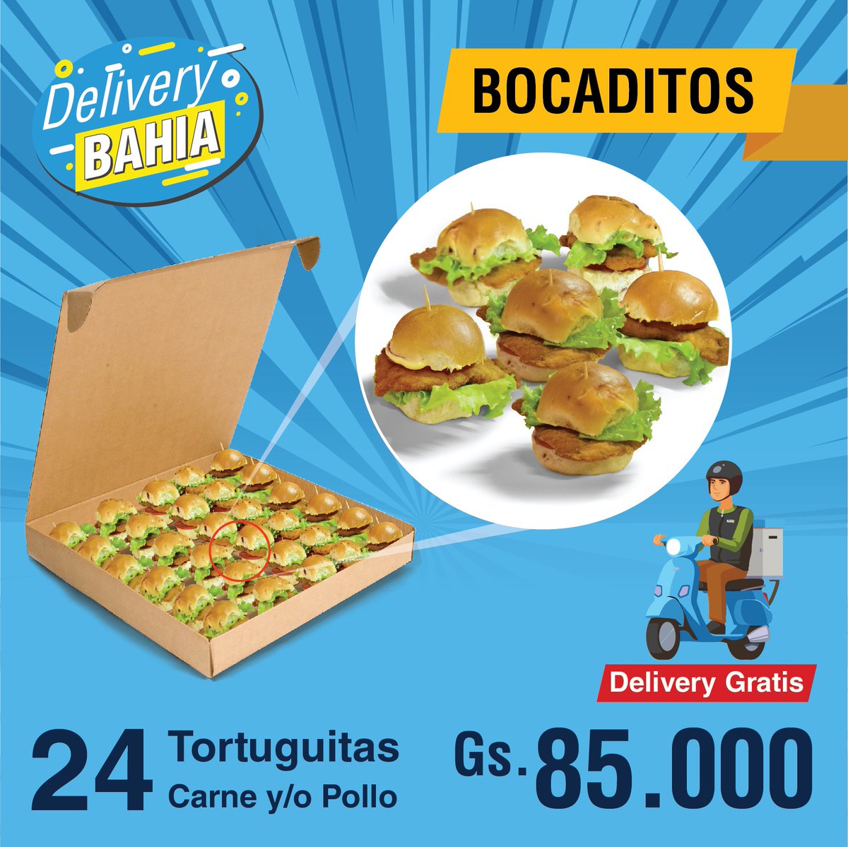 ¿Ya probaste los Bocaditos Bahia? Pedilo YA y te lo llevamos hasta tu casa! 🤤🥪🥟 
DELIVERY GRATIS ⏱️ Horario de pedidos de 11:00 a 21:00 Hs.
📲 0983 485 902 - Madame Lynch – Denis Roa – Villa Morra
📲 0983 565 503 - Botánico - Artigas - Sacramento
📲 0984 631 878 – M. R. Alonso
