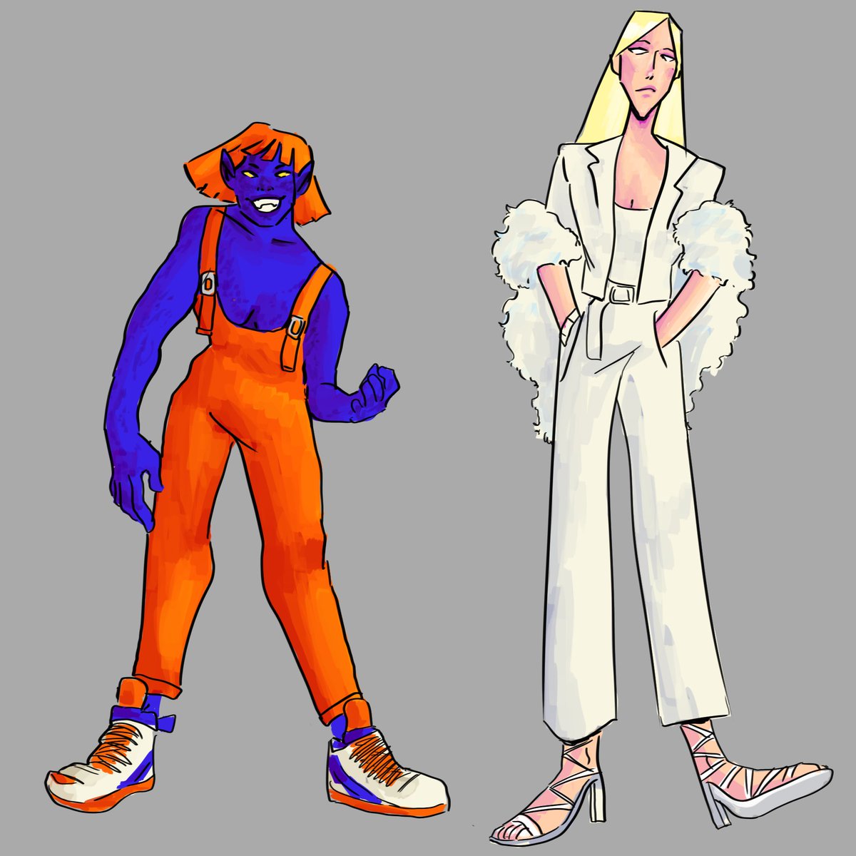 Morally ambivalent saphics! I think mystique should always be ready to get her tits out and emma should wear actual clothes. Also I gave mystique pointy ears to get her closer to her son and Emma is just. pointy