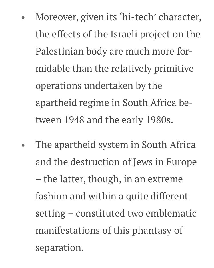 The objectionable quotes in question, honestly, are straightforward. In the former he describes the political anatomy of Israeli apartheid as more technologically sophisticated than SA; in the latter, he describes both logical parallels AND UNIQUENESS. https://mondoweiss.net/2020/04/german-censorship-campaign-targets-scholar-over-bds-and-applies-antisemitism-charge/