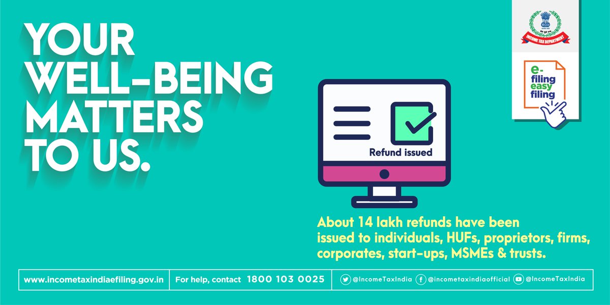 IncomeTaxIndia's tweet photo. Having cleared 14 lakh refunds in last few weeks,we are working hard to clear the balance.We solicit your cooperation in responding to the queries/mail,if any, recd in your efiling account to help us to process your refund expeditiously.
Together We Can, Together We Will!
#WeCare https://t.co/lsLQ28xIim