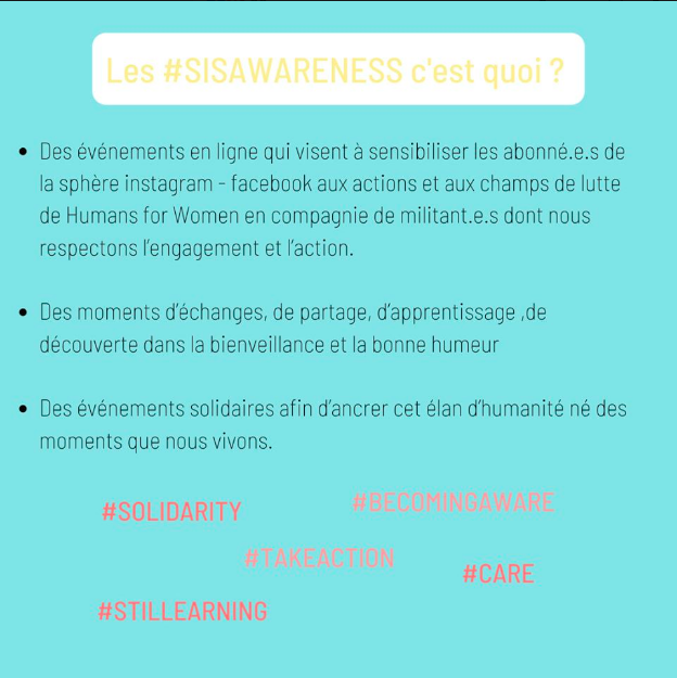 HumansforWomen's tweet photo. [Lancement de #Sisawareness💮]
Nous sommes heureux-ses de vous présenter notre nv projet d'événements en ligne &amp; visio-conférences pr sensibiliser, échanger, débattre et faire rayonner nos actions avec des militant-es &amp; des associations qui partagent nos luttes et nos engagements https://t.co/UIoRlzKW2B