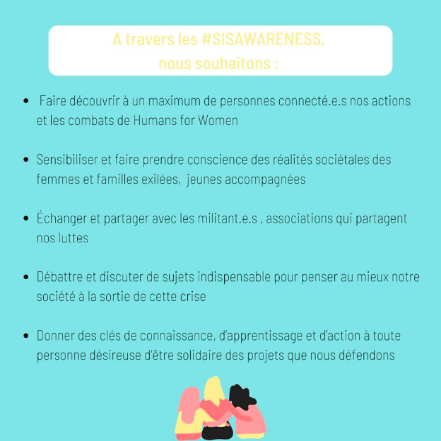 HumansforWomen's tweet photo. [Lancement de #Sisawareness💮]
Nous sommes heureux-ses de vous présenter notre nv projet d'événements en ligne &amp; visio-conférences pr sensibiliser, échanger, débattre et faire rayonner nos actions avec des militant-es &amp; des associations qui partagent nos luttes et nos engagements https://t.co/UIoRlzKW2B