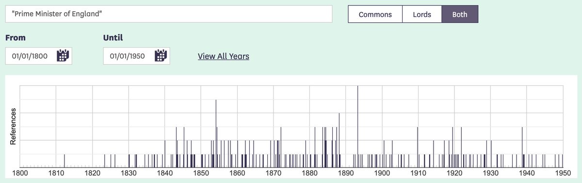 This was no slip of the tongue. Many of the debates from the 19th century are now available on Hansard. We see that the phrase “Prime Minister of England” was used hundreds of times, and was common right through to the post-war era. 5/x