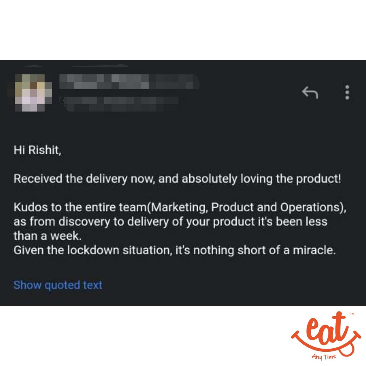 eatanytimeindia's tweet photo. Your kind words keep us going every day! Eat Anytime is there for you everytime and anytime. 😁
#Feedback #HappyCustomer #Lockdown #StayHome #Healthy #Appreciation #Gratitude #OnlineShopping #Shopping #Order #Healthy #HealthySnacks #BunkTheJunk #EatAnytime https://t.co/kzMgdguY5U