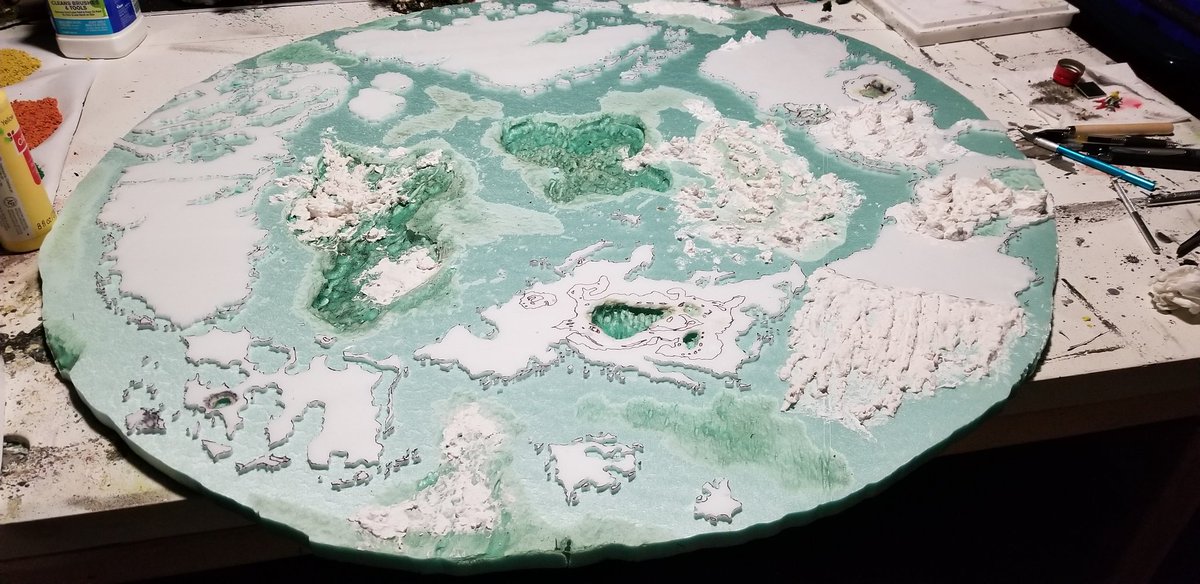 SSteerpike's tweet photo. WIP started a #godsview #worldmap for my #homebrew #dnd5e #fantasy world #Arcairia it is 32in in diameter. Each in. = 1000miles. #terrain #rpg #crafting #dungeonsanddragons #pathfinder #worldbuilding #tabletopgames #tabletopgaming #tabletopcrafting #godpov #centerofthemultiverse https://t.co/hFevWLaBIU