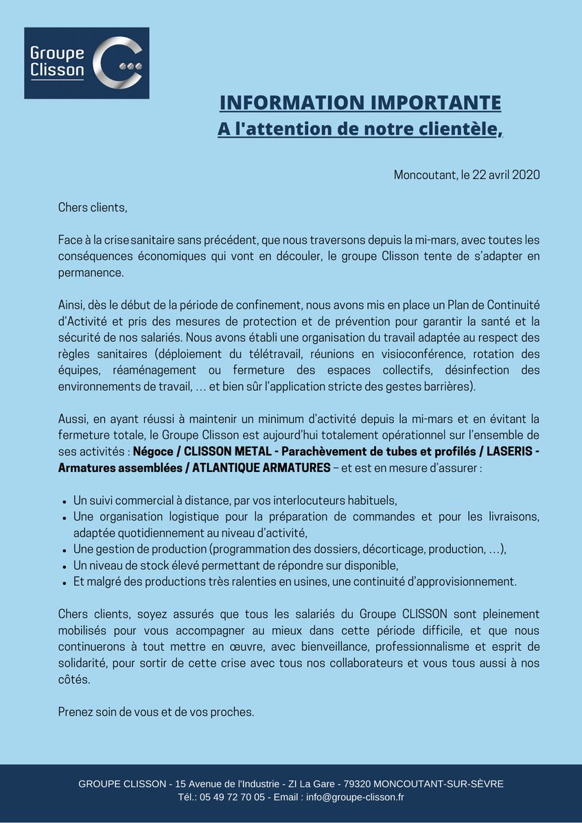 groupeclisson's tweet photo. Le groupe Clisson opérationnel face à la crise https://t.co/dNrFiDGnZi https://t.co/bH10qE4U3L