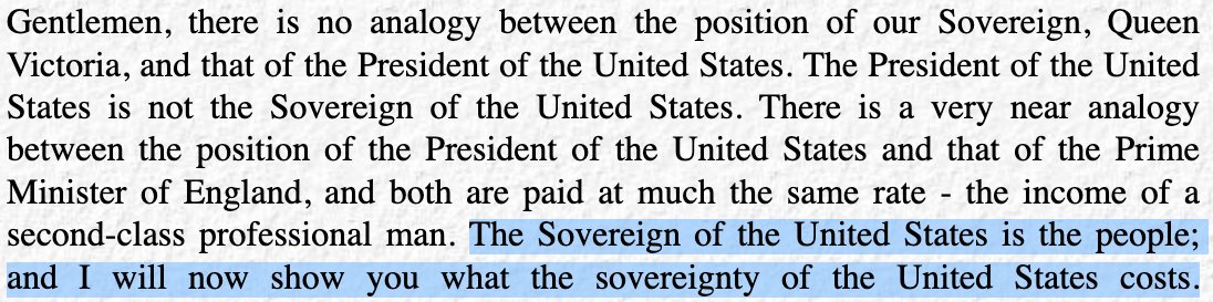 Disraeli defends the monarchy by comparing the cost of the Civil List with the democratic institutions of the USA - Congress, State Legislatures, etc: “There is no sovereignty of any first-rate State which costs so little to the people as the sovereignty of England." 8/x