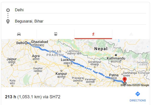 Distance From Patna To Delhi Bhadohi Wallah On Twitter: "@Dipankar_Cpiml #Thread As Per Google Maps, The  Distance Between Delhi And Begusarai Is More Than 1,100 Kms. It Would Have  Taken Mahto 215 Hours To Reach Begusarai From