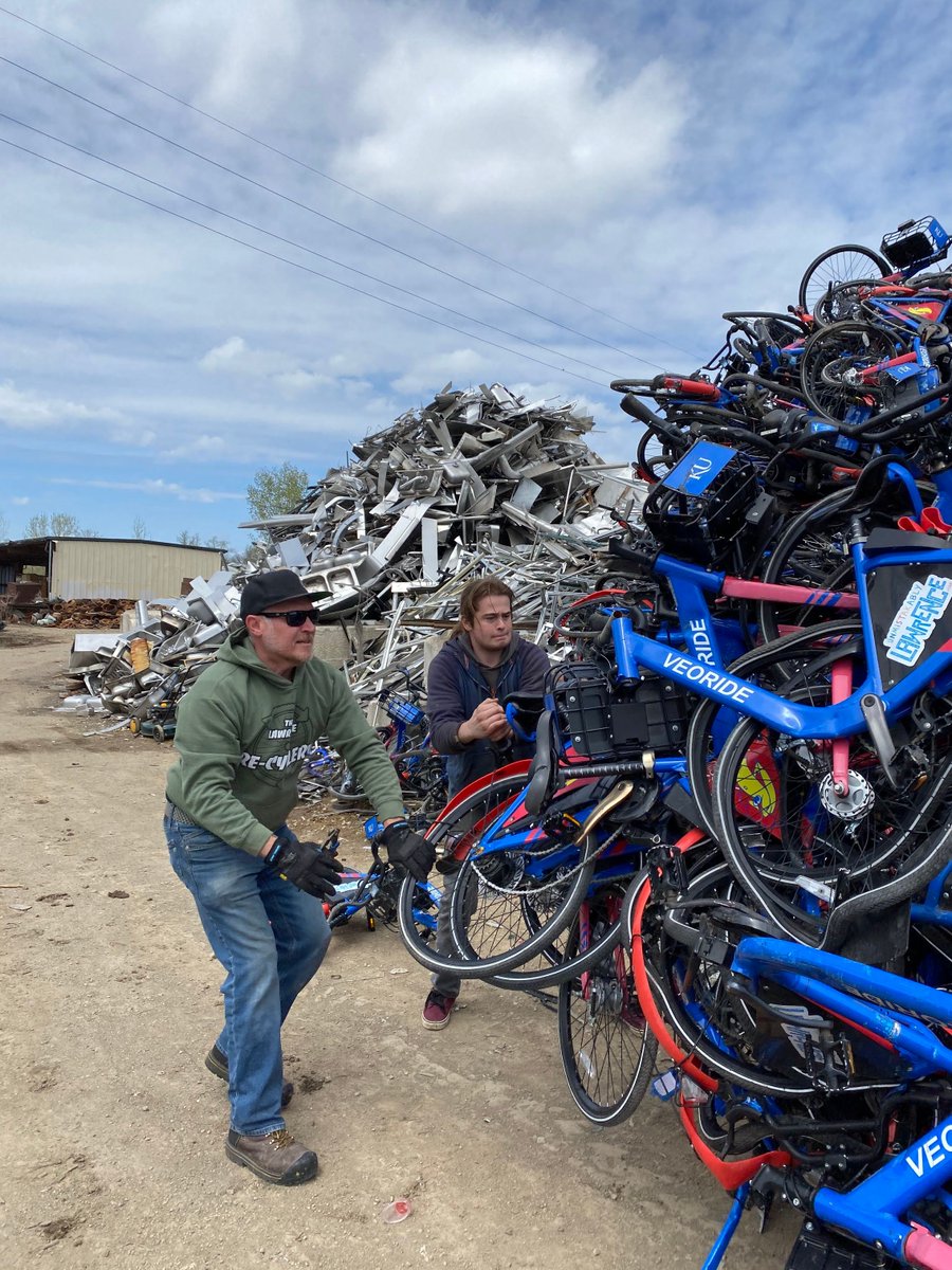 LJWorld's tweet photo. A Lawrence bicycle repair shop has refurbished and donated some of the bikes that were scrapped by the bike-share company Veo: https://t.co/lDYl5wxdU7 https://t.co/FwqagBWFQG
