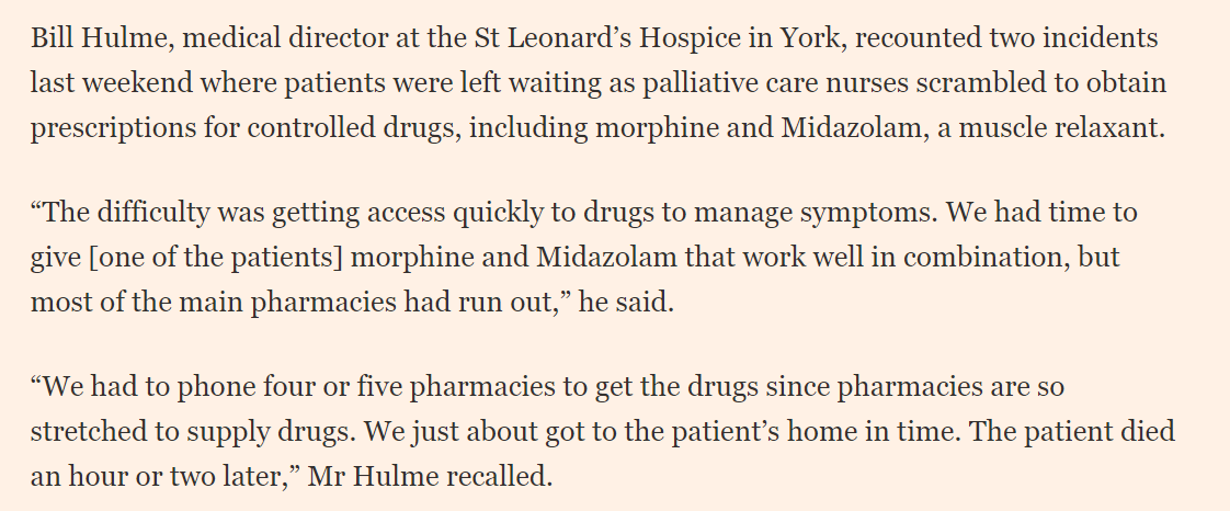 What does that mean? Well it means that when  #COVID19 patients go down hill, it can happen fast. You hyperventilate. You panic as you cannot breathe. That means you need morphine and a relaxant, like Midazolam. Recall these accounts from  @hospiceuk in that story /5