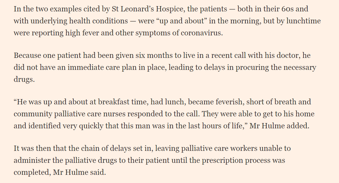 What does that mean? Well it means that when  #COVID19 patients go down hill, it can happen fast. You hyperventilate. You panic as you cannot breathe. That means you need morphine and a relaxant, like Midazolam. Recall these accounts from  @hospiceuk in that story /5