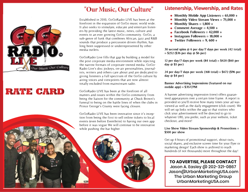 urbanpromote's tweet photo. Advertise now with the DMV's official station for Go-Go Lifestyle &amp; Culture! View rates @ https://t.co/a7znR8Tc17

Cost effective and powerful! Reach a large audience for a fraction of the cost of traditional radio! 202-321-0867
#gogoradiolive  #advertise #urbanmarketinggroup https://t.co/6nKuFXkZGt