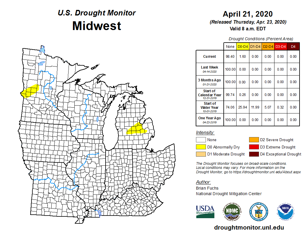 NOAANCEI's tweet photo. April 21: Abnormally dry conditions developed in central Michigan and western Minnesota. https://t.co/hs7rCpQMsY #DroughtMonitor #MIwx #MNwx #MIdrought #MNdrought https://t.co/klC8pcTKH2