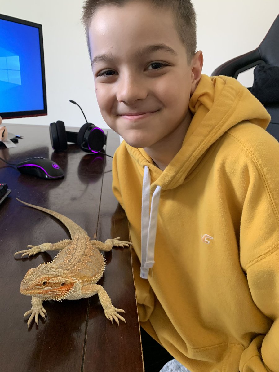 tahiti2000's tweet photo. Matthew and his bearded dragon Sandy...she just finished eating 8 super worms so she’s full 😋 @FFMcGinnCES @FFMfit #spiritweek https://t.co/iMqMkNsIEU
