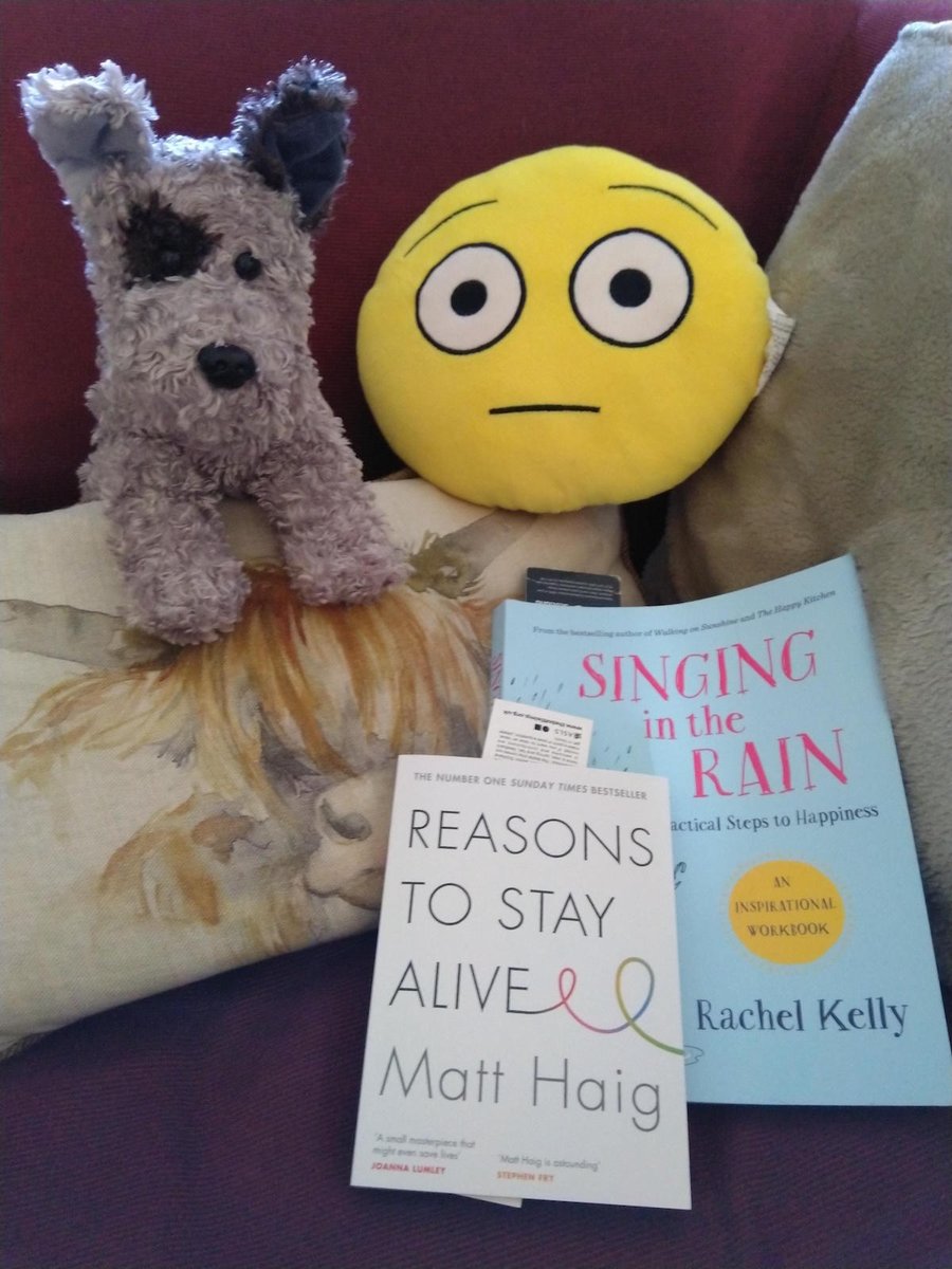Elinor from  #Carnegie Library likes a bit of company when she's reading . Her book choices are 'Reasons to Stay Alive' by  @MattHaig and 'Singing in the Rain' by  @RachelKellyNet  #ReadingHour  #WorldBookNight