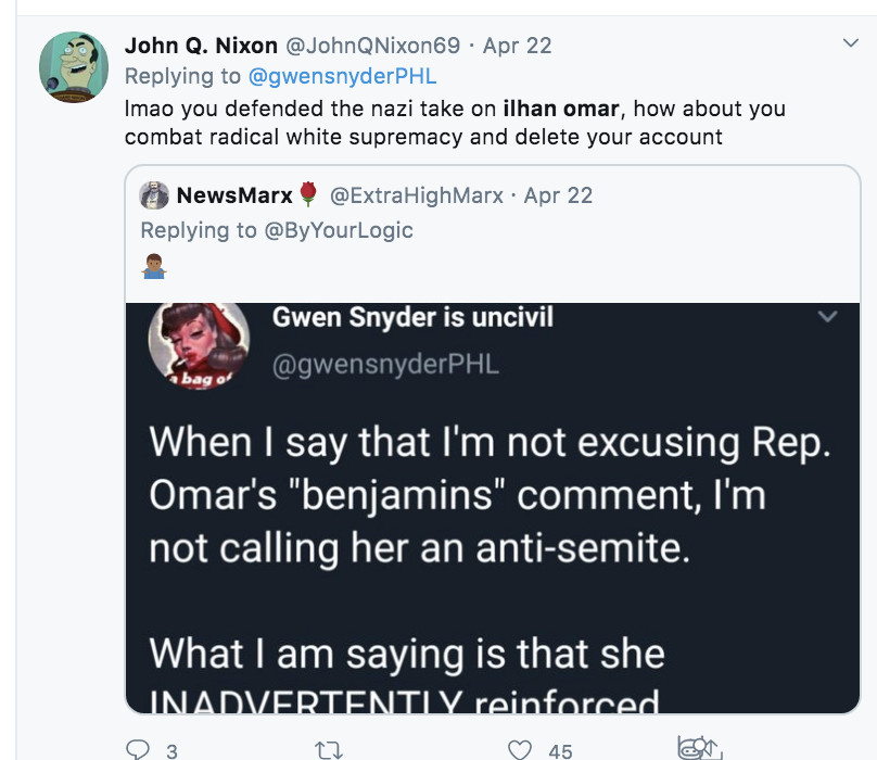 And since people are excitedly sharing decontextualized screenshots of me saying-- seven months after the initial incident, and in defense of Ilhan Omar-- that Ilhan Omar's is not an antisemite, but that her "Benjamins" tweet inadvertently invoked an antisemitic trope...