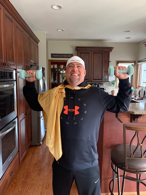 TR_PBIS's tweet photo. Officer Cowsert is catching up on virtual spirit week! A great combination of a superhero cape, exercise gear, and a hat! @TimberRidgeEdu @NSSEO_org @ArlHtsPOLICE #PBIS https://t.co/oHjNc4bF34