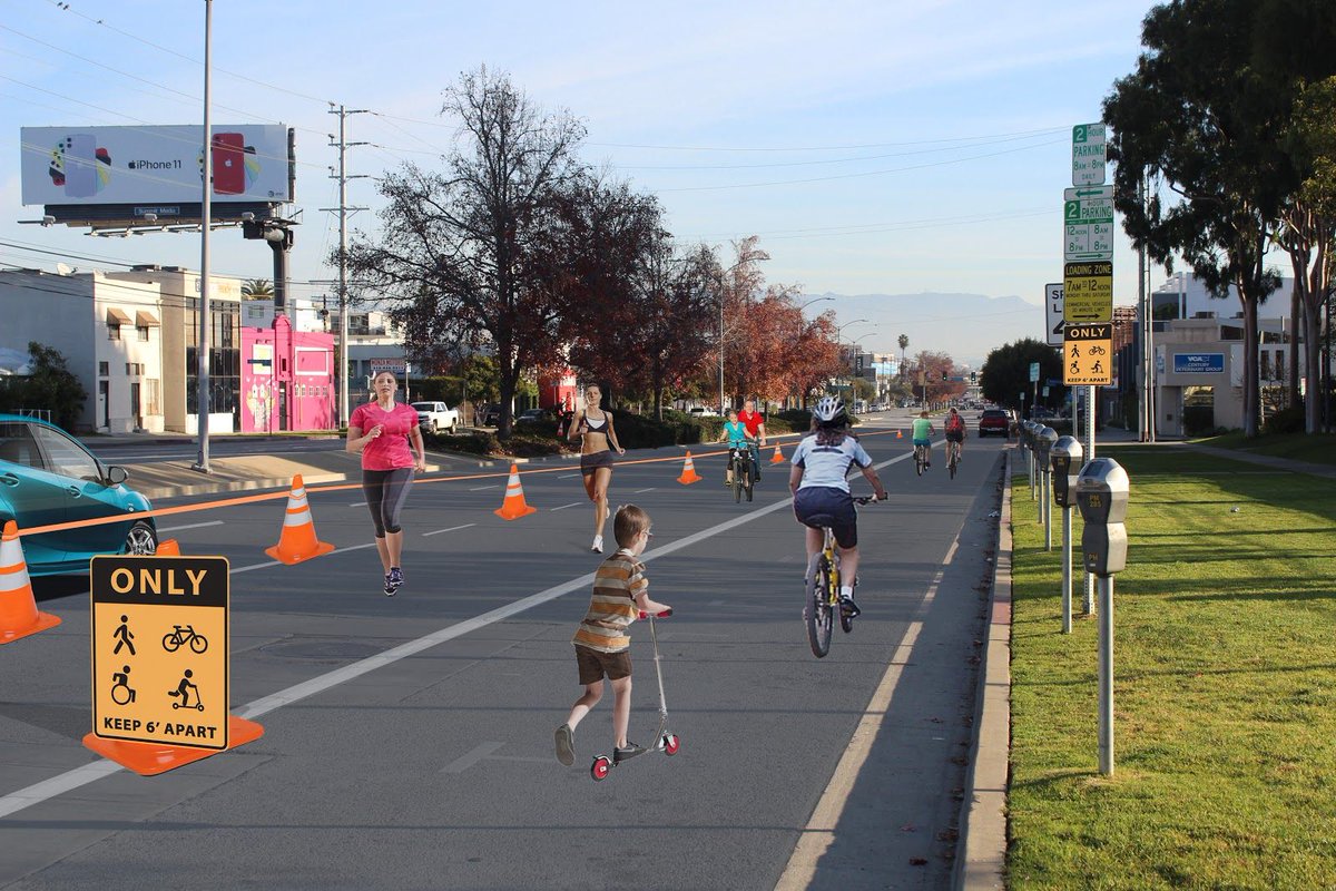 CleanairCA's tweet photo. Getting fresh air shouldn't put you at risk of being hit by a car while walking, biking, or using a scooter. We're asking @LACity to create a reasonable pilot program to protect pedestrians from traffic during this time of physical distancing. Letter here: https://t.co/ZpoQvNx56u https://t.co/dMe229FU1O