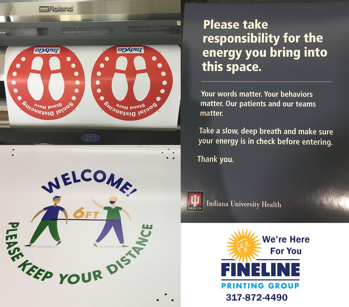 FinelinePG's tweet photo. As companies think about re-opening for customers, places will look a little different. We are here to help. Printing clings for walls and floors to help with social distancing reminders and much more.   #stayssafe @FishersIN @IU_Health @IndyGoBus https://t.co/vU89VD2qgE