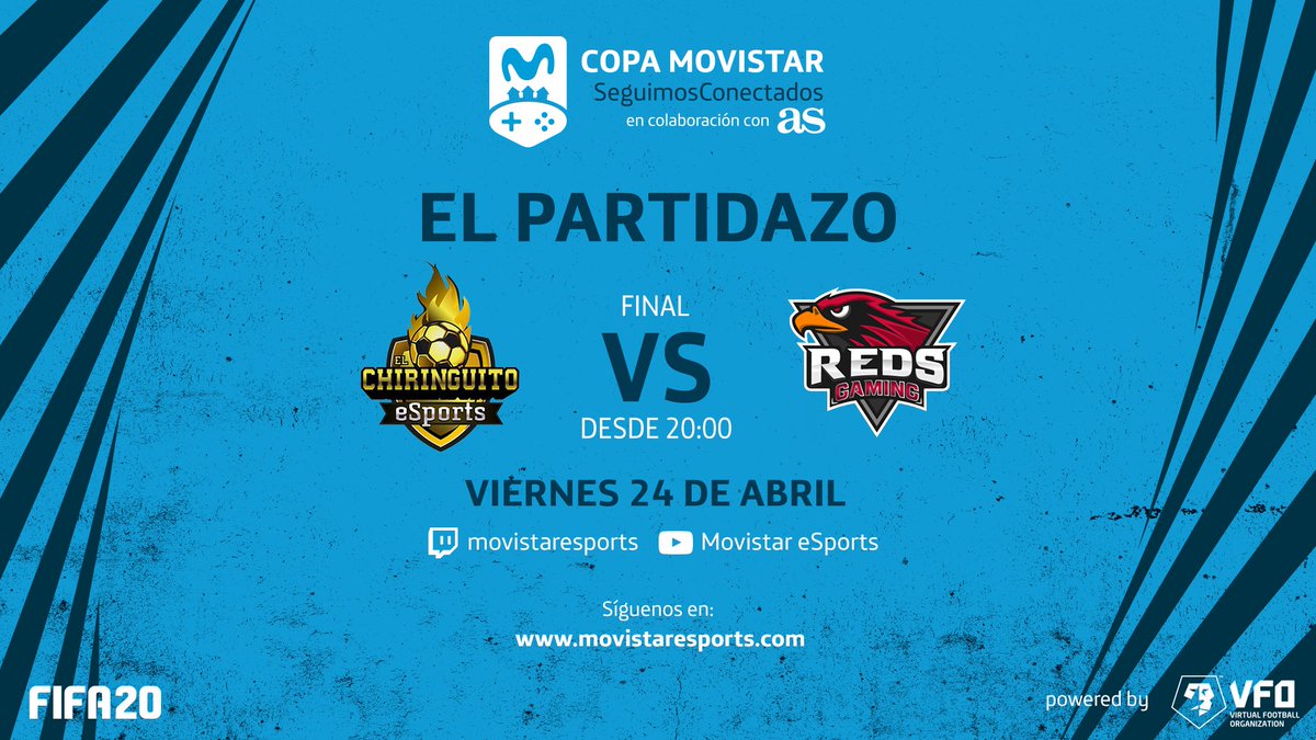 MovistareSports's tweet image. Recordad que mañana se juega la GRAN FINAL de la #CopaSeguimosConectados, y os esperan:

✔️ @ChireSports 🆚 @RedsGaming_ESP
⏳ 20:00 
🎙 Con @Miguel_An_Roman &amp;amp; @Rsierraplus &amp;amp; @As_TomasRoncero y @AlvaroBenitoV
👾 twitch.tv/movistaresports
📺 youtube.com/movistaresports