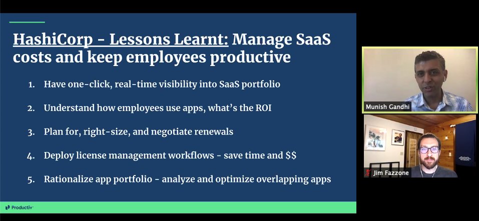 Great to hear <a href="/jimfazzone/">Jim Fazzone</a>, head of IT at <a href="/HashiCorp/">HashiCorp, an IBM Company</a>, talk with <a href="/productivai/">Productiv</a> about what it's like to manage the SaaS portfolio at a large and growing company. Loved hearing his philosophies and lessons learnt along the way!

#it #SaaS