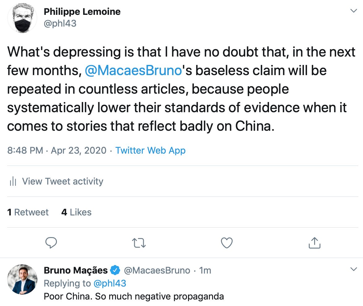 This exchange is absolutely remarkable. I catch  @MacaesBruno red-handed in a lie, but instead of deleting his tweet and apologizing, he replies with a joke! The specific point he makes really speaks volumes: basically, China is bad, so who cares about the truth? Shame on him.