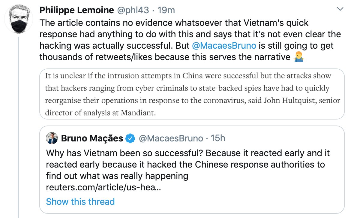This exchange is absolutely remarkable. I catch  @MacaesBruno red-handed in a lie, but instead of deleting his tweet and apologizing, he replies with a joke! The specific point he makes really speaks volumes: basically, China is bad, so who cares about the truth? Shame on him.